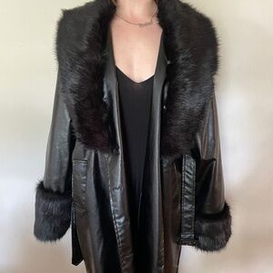 Black Vegan Fur Leather Trench Coat 2X